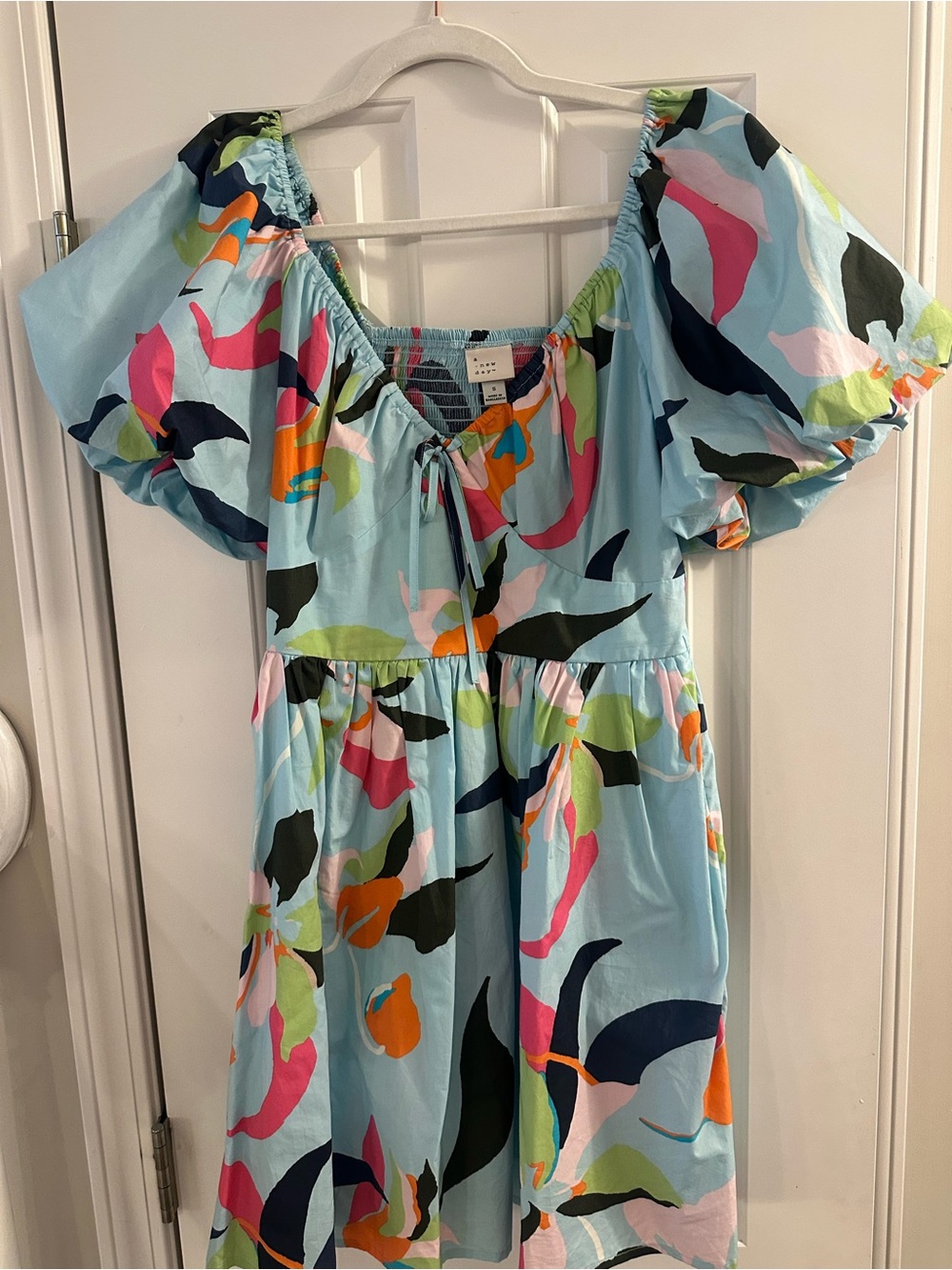 a new day Light Blue Multicolor Puff Sleeve Mini Dress